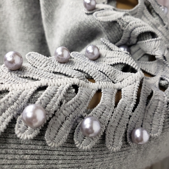 Anthro Ember Gray Sweater with Embroidered Cut Outs & Pearls Sleeve - Picture 6 of 12